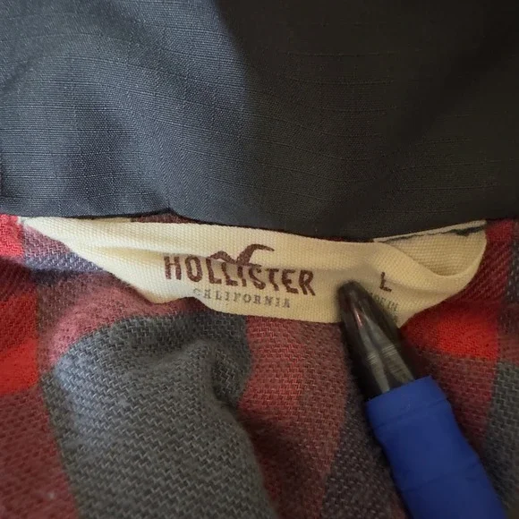 Hollister California Gray Hooded Rain Coat Jacket Red Plaid Lined Outerwear JR L - Picture 3 of 6